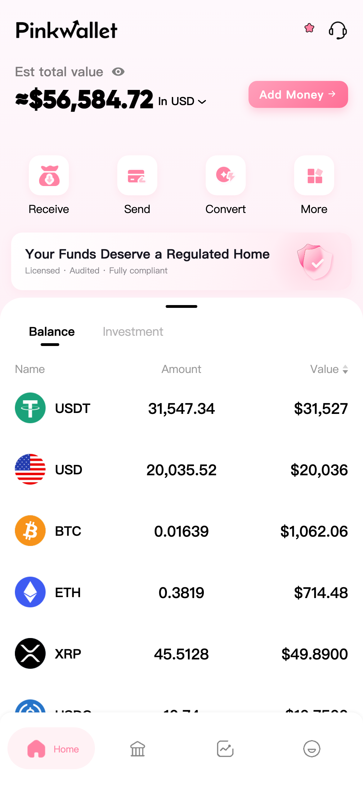 PinkWallet app: accounts, convert and invest