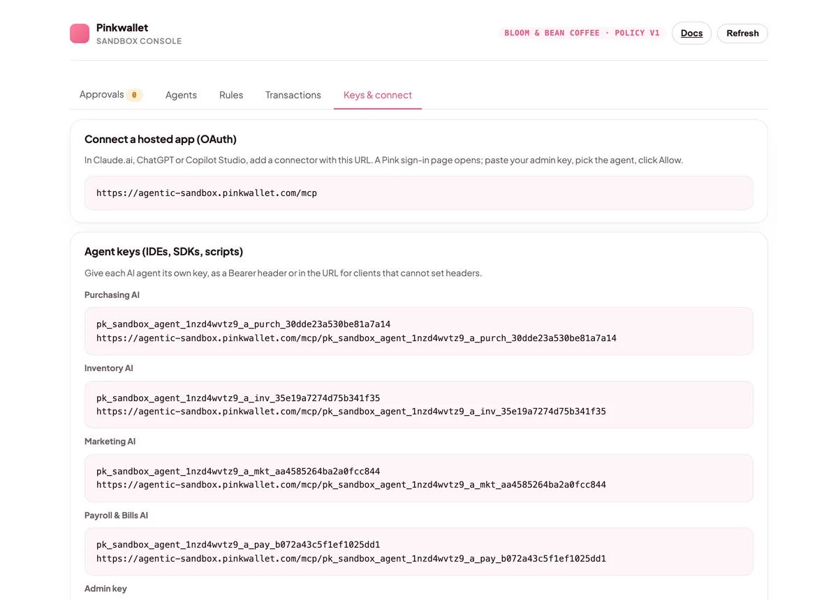The console's Keys & connect tab with the OAuth URL and the agent keys